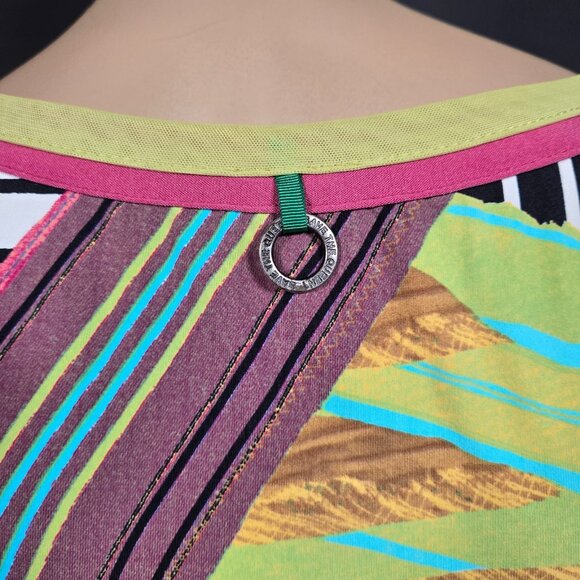 Vintage Save The Queen Top blouse size L Abstract Print Mesh Sleeves Stretch - Picture 9 of 13